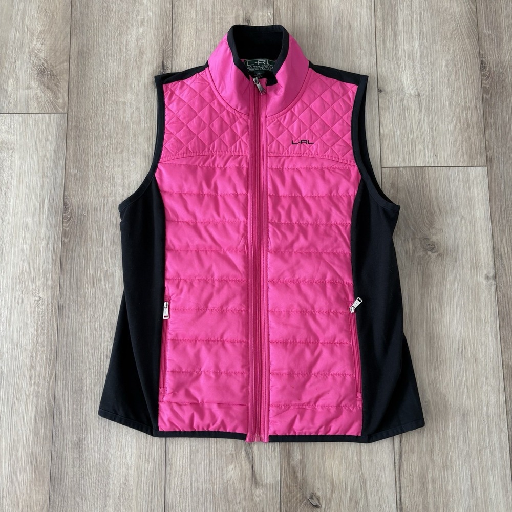 Vintage Ralph Lauren Zip Up Vest women's Large pink & Black Polo Cotton‎